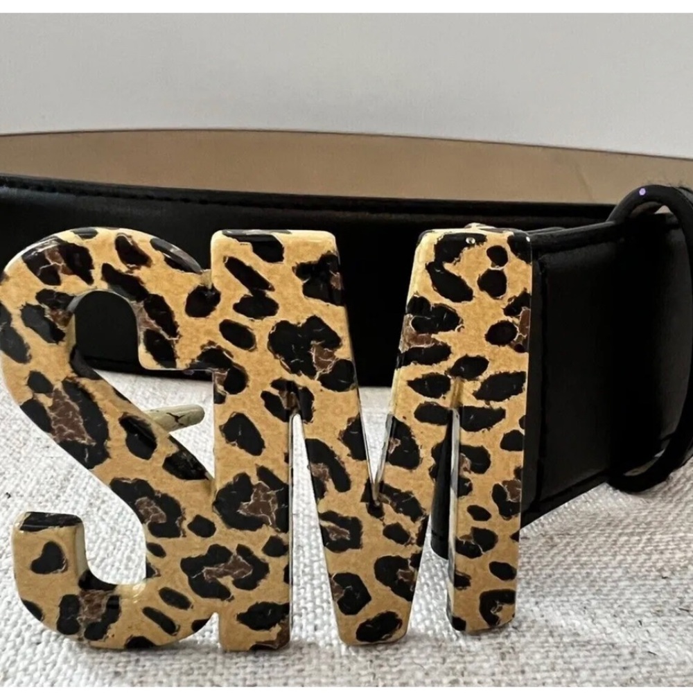 STEVE MADDEN Logo buckle faux-leather women's belt- Black/Leopard - Picture 2 of 3